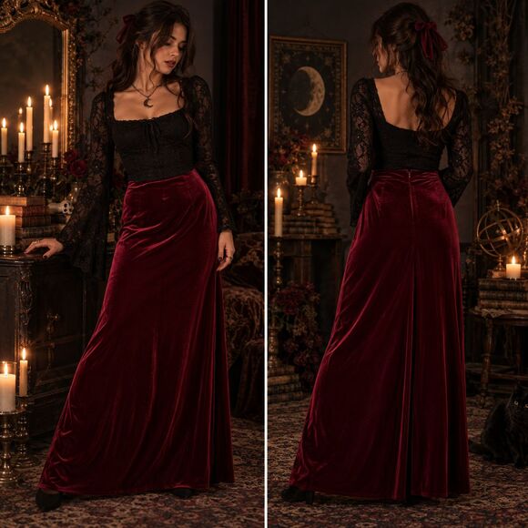 Cachet Dresses & Skirts - 90s Cachet Velvet Maxi Skirt 12 Wine Red Stretch Romantic Whimsygoth Witchy USA